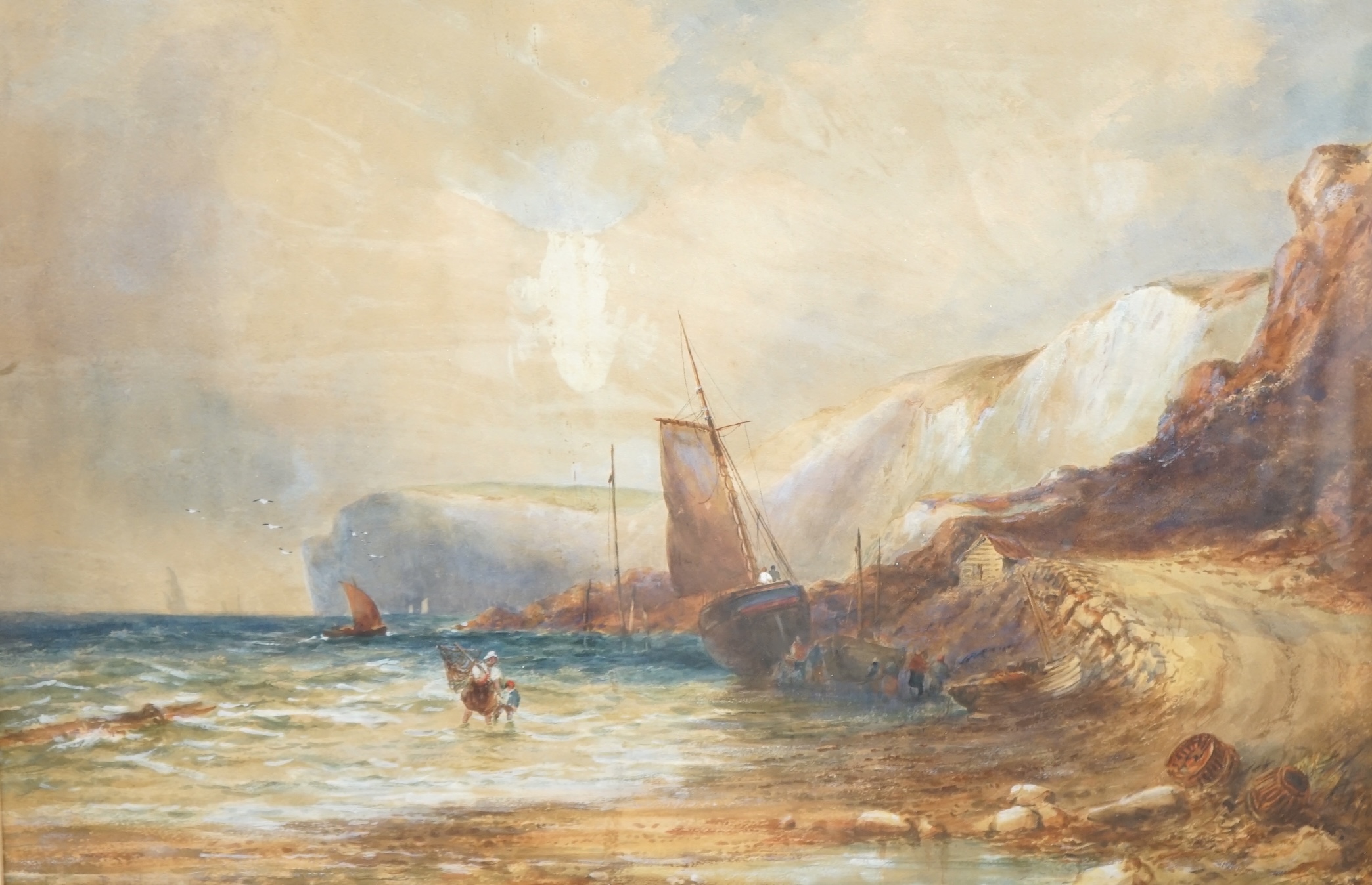 Charles Bentley OWS (1806-1854), watercolour, ‘Shrimping scene with cliffs, South coast’, signed, 38 x 54cm, ornate gilt framed. Condition - fair